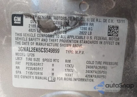 2012 Chevrolet Captiva Sport 2Ls from USA, damaged, VIN 3GNAL2EK6CS549899